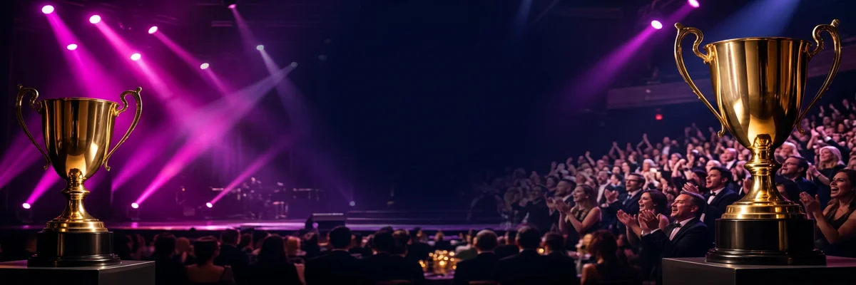 Gold trophies overlooking an entertainment awards stage and audience