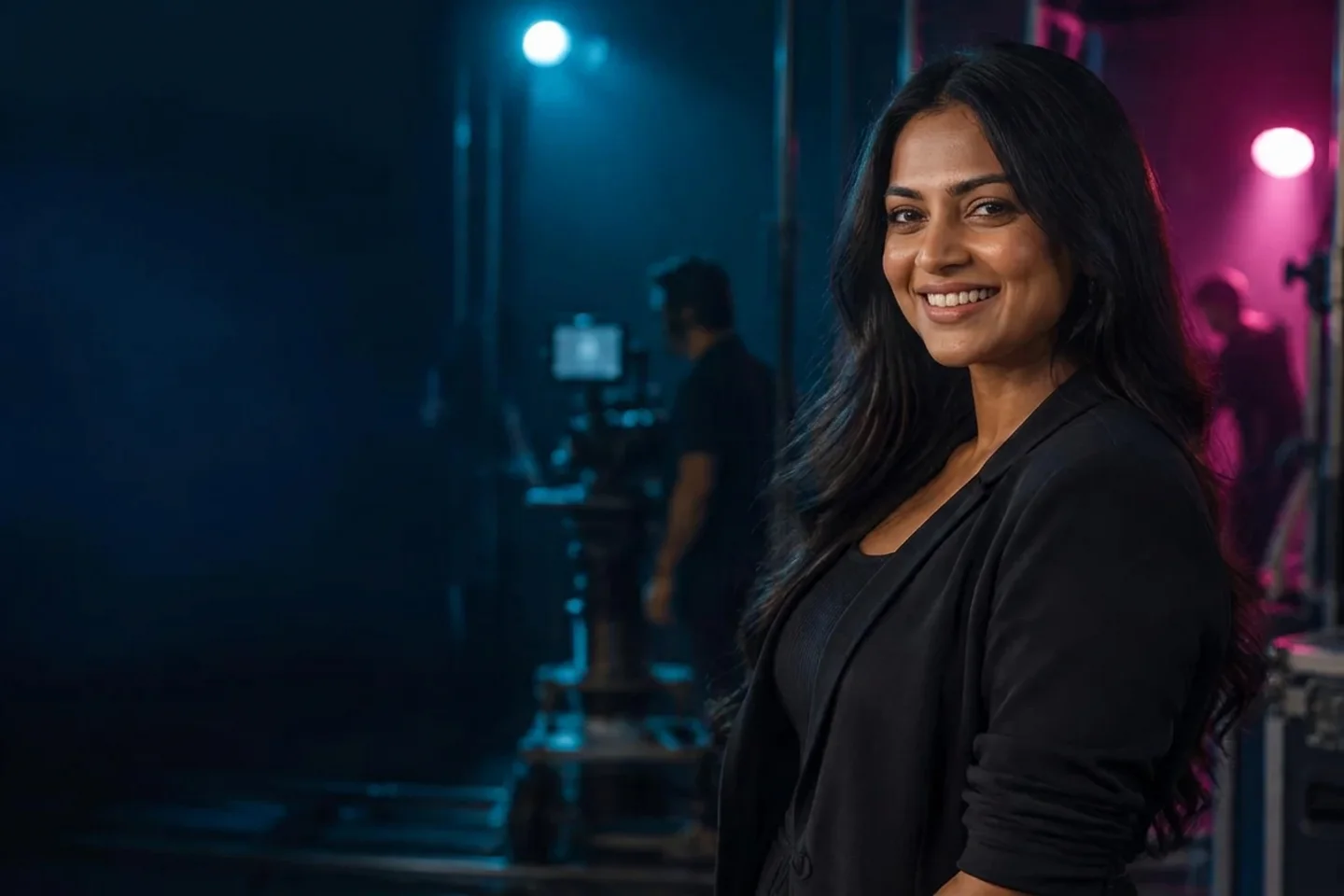 Smiling young adult South Asian creative professional backstage at a film production